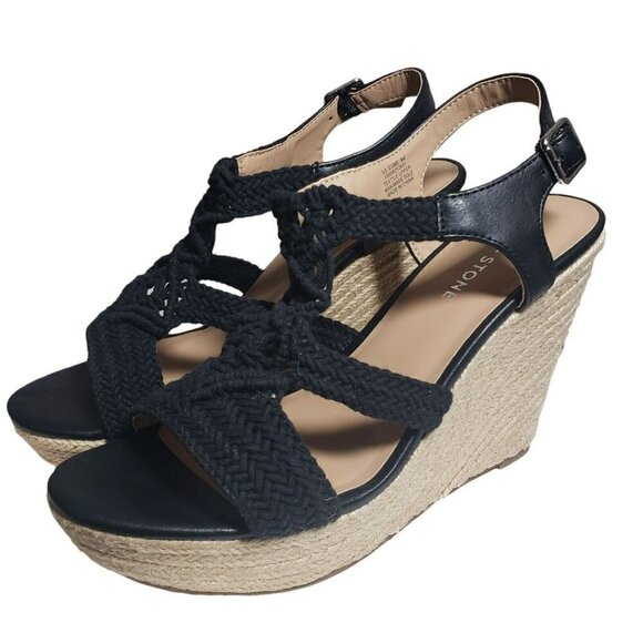 Sun Stone Womens Black Crochet Open Toe Espadrille Wedge Sandals Sz 9 9.5 8.5 10 - Picture 1 of 11